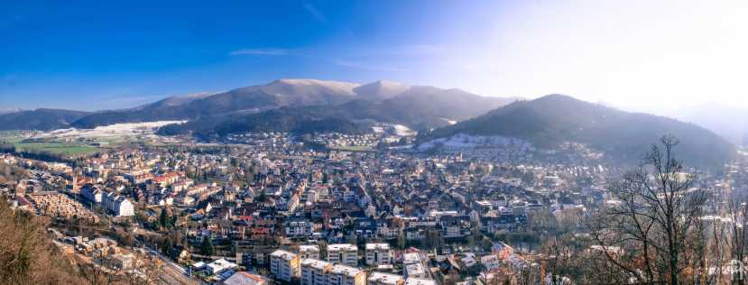 Panorama of Waldkirch with the snow-covered mountain Kandel, photographed from the castle Kastelburg, January 2021.